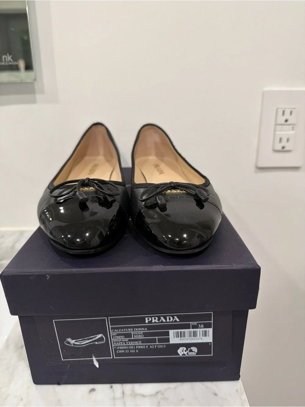 Prada Black Leather Ballet Flats with Patent Cap Toe - Picture 2 of 6
